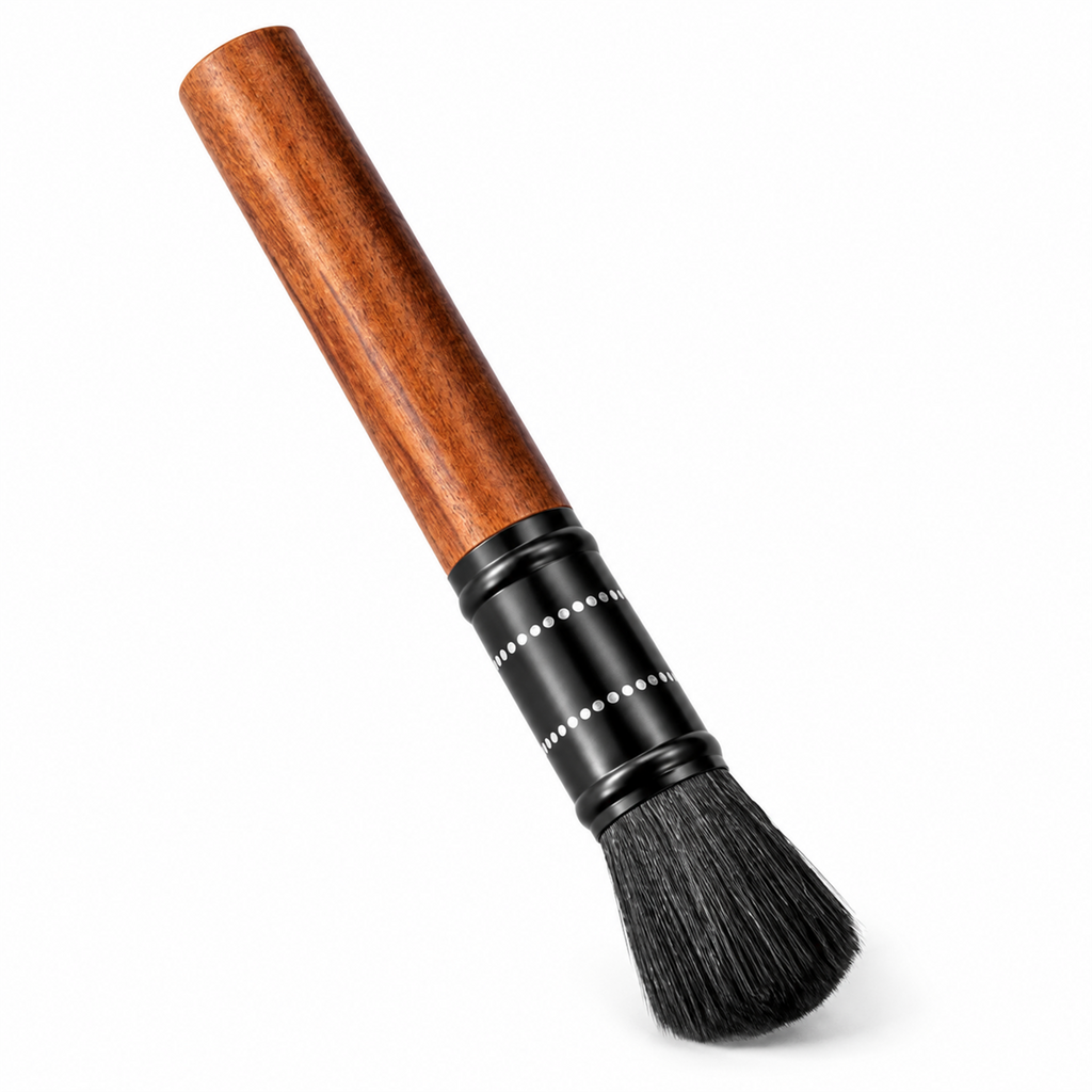 Solid wood handle coffee cleaning brush with black bristles and black connector on a white background