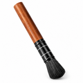 Solid wood handle coffee cleaning brush with black bristles and black connector on a white background