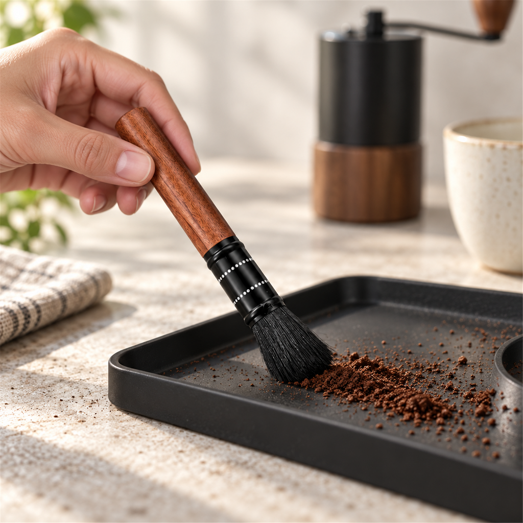 Black-bristle coffee cleaning brush sweeping loose dry grounds from a removable tray