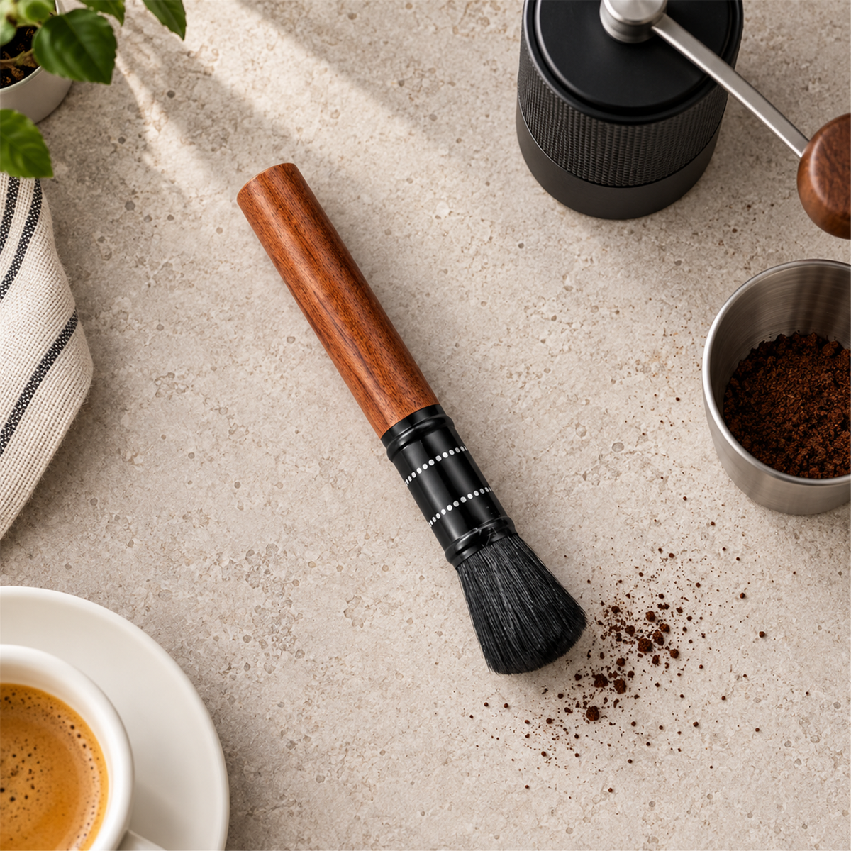 Top-down view of a wood-handled black coffee brush beside a manual grinder and dosing cup