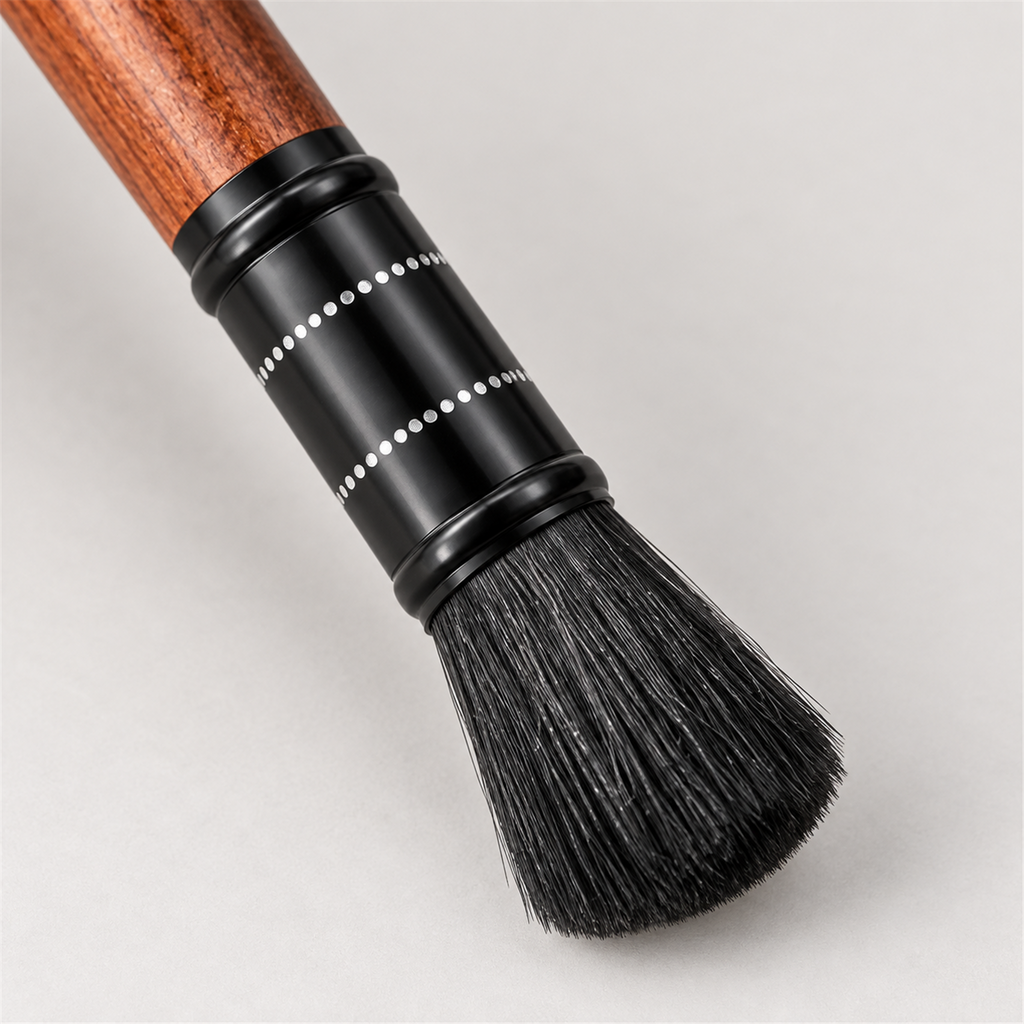 Close-up of black bristles and the black connector with two dotted decorative rings