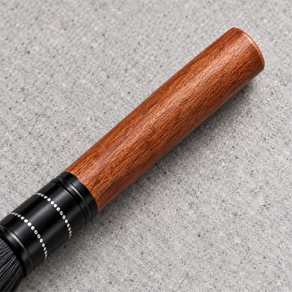 Close-up of the rounded solid wood handle and its natural reddish-brown grain