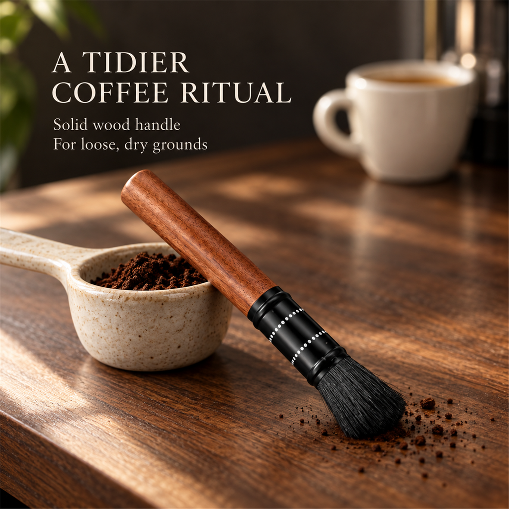 Wood-handled black-bristle coffee brush in a coffee cleanup scene highlighting dry-ground sweeping