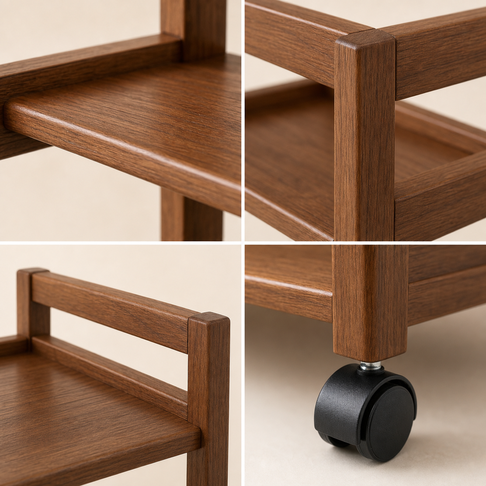 Solid pine grain raised shelf rails frame joints and caster details