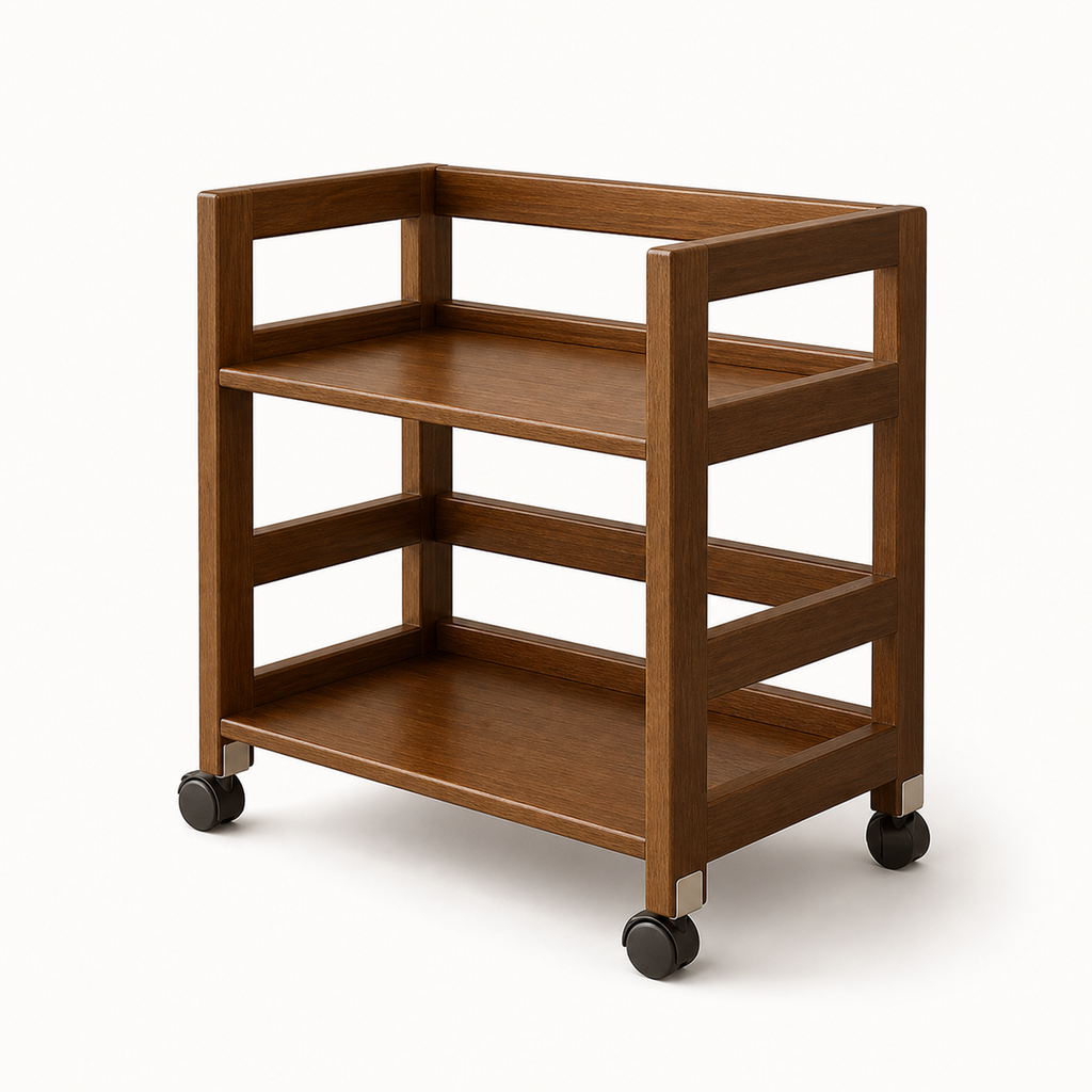 Two-tier solid pine rolling coffee storage rack in walnut brown