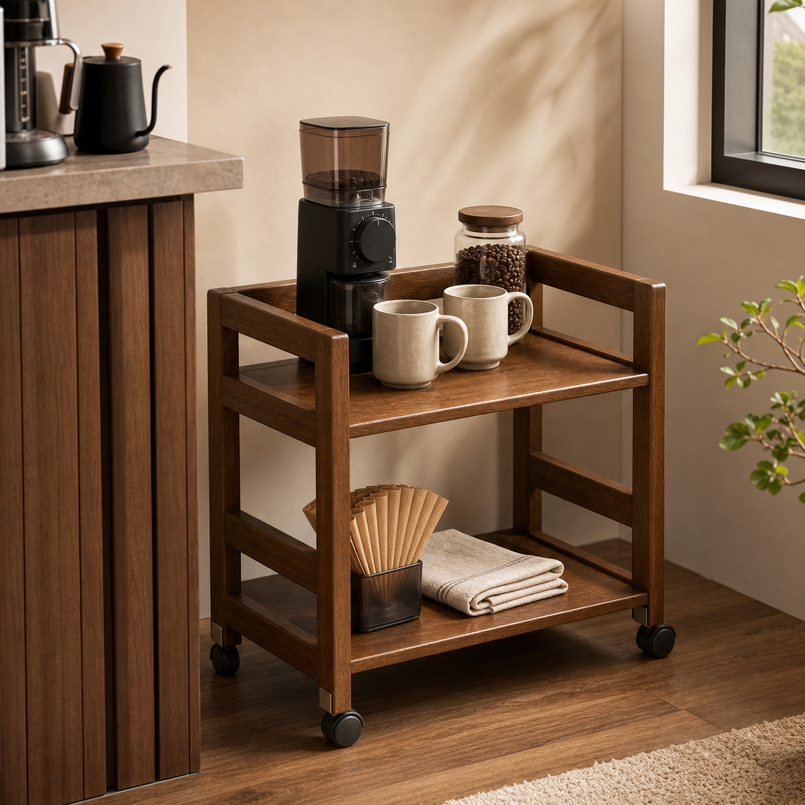 Two-tier pine rolling rack styled as a compact coffee station