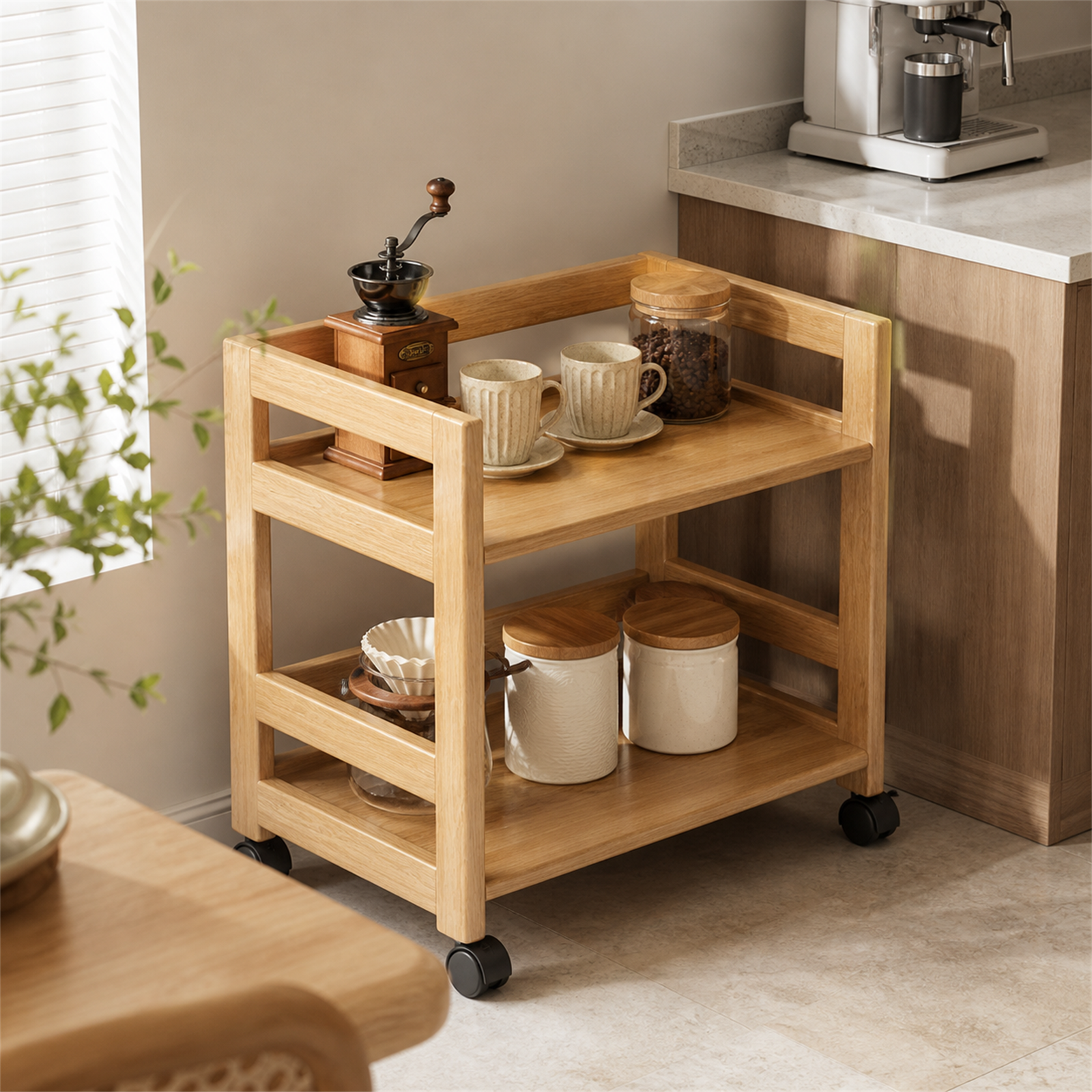 40 cm natural clear solid pine two-tier rolling coffee cart in a compact kitchen coffee station