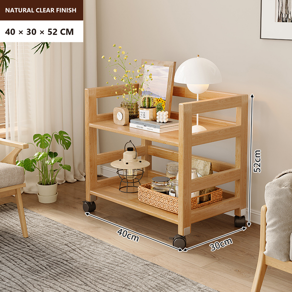 40 × 30 × 52 cm natural clear solid pine two-tier rolling coffee bar cart dimensions