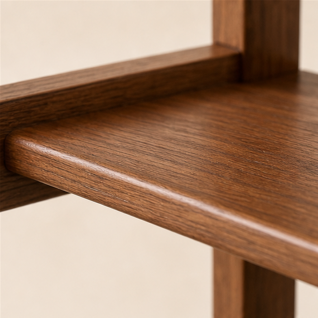 Close view of the raised solid pine shelf rail and natural wood grain