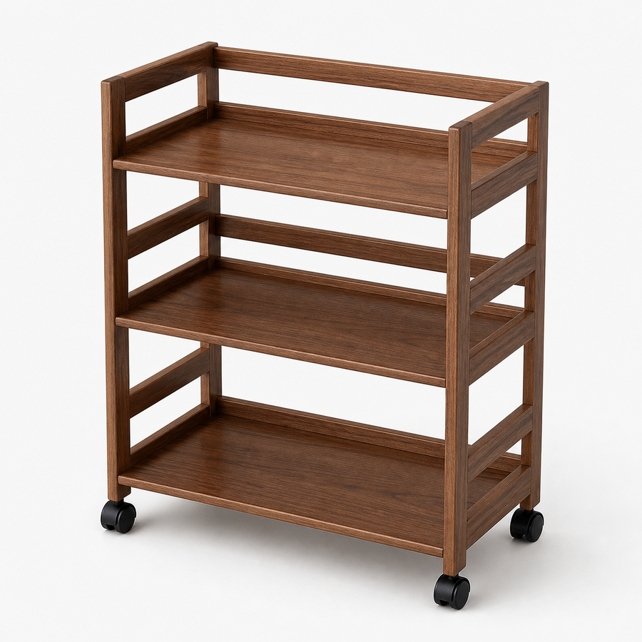 Three-tier solid pine rolling coffee bar cart in walnut brown on a pure white background