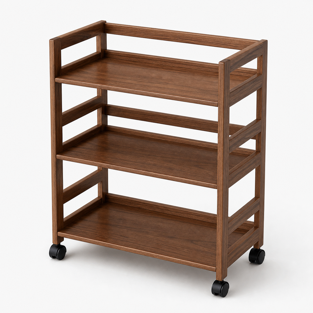 Three-tier solid pine rolling coffee storage rack in walnut brown