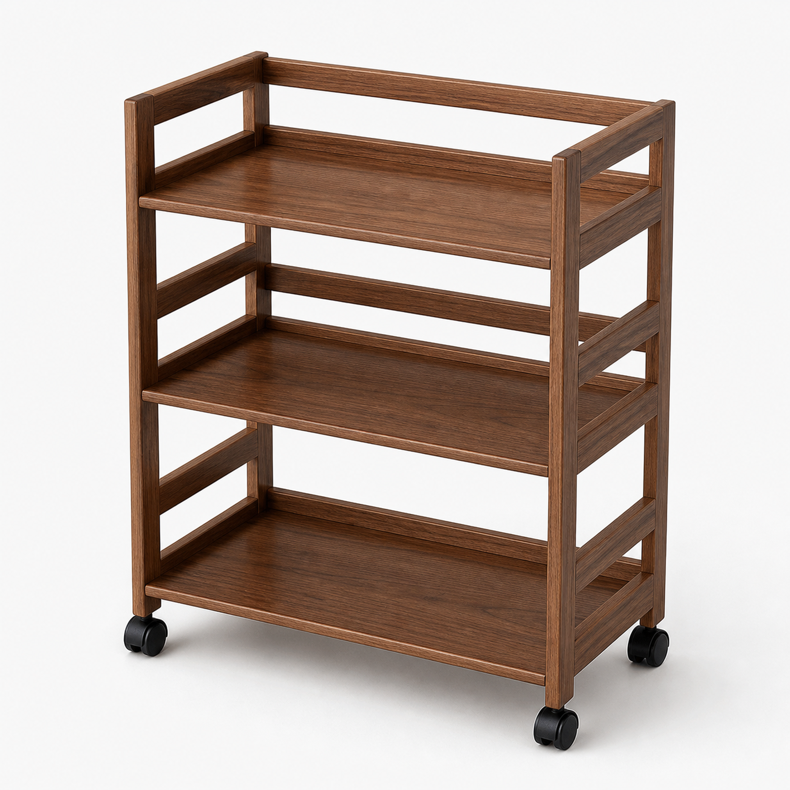 Three-tier solid pine rolling coffee storage rack in walnut brown