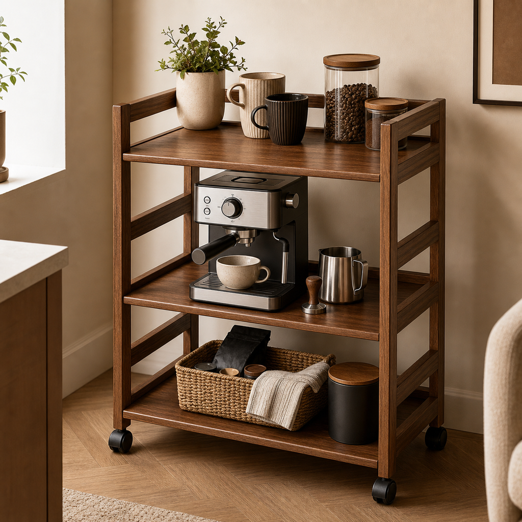 Three-tier pine rolling rack styled with an espresso machine and coffee supplies