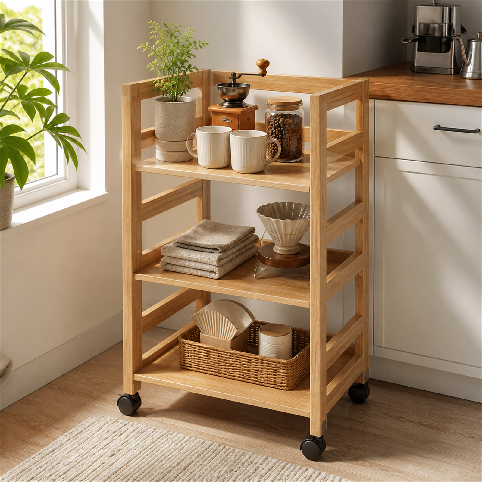 40 cm natural clear three-tier solid pine rolling coffee cart in a compact kitchen coffee station