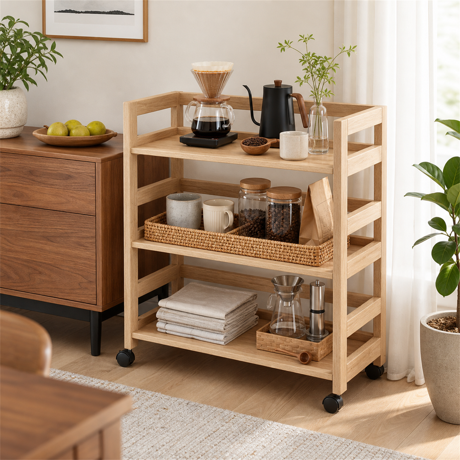 80 cm natural unfinished three-tier solid pine rolling coffee cart beside a dining-room sideboard