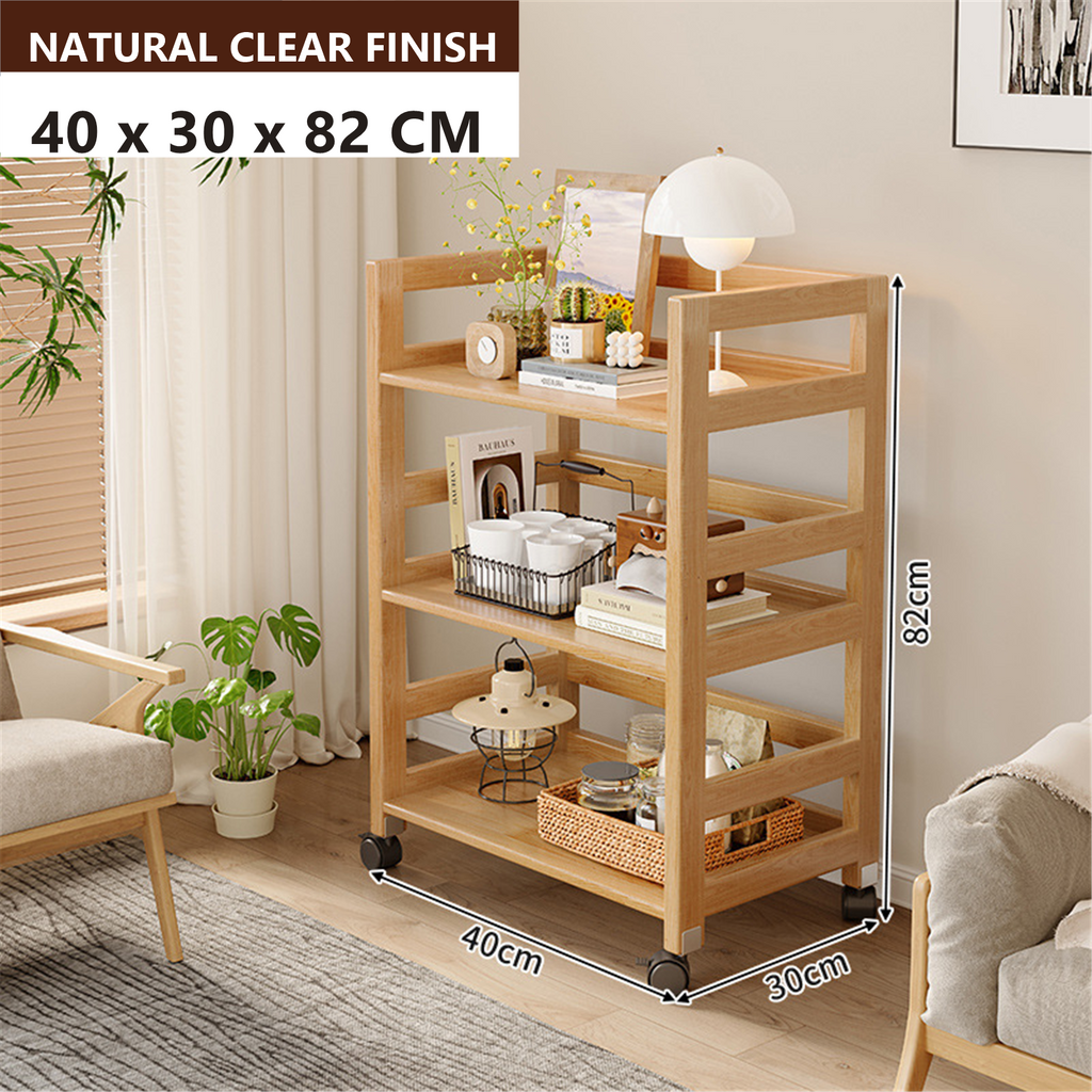 40 × 30 × 82 cm natural clear three-tier solid pine rolling coffee bar cart dimensions