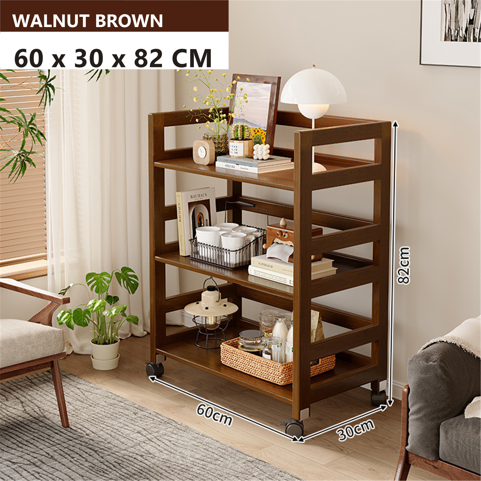 60 × 30 × 82 cm walnut brown three-tier solid pine rolling coffee bar cart dimensions