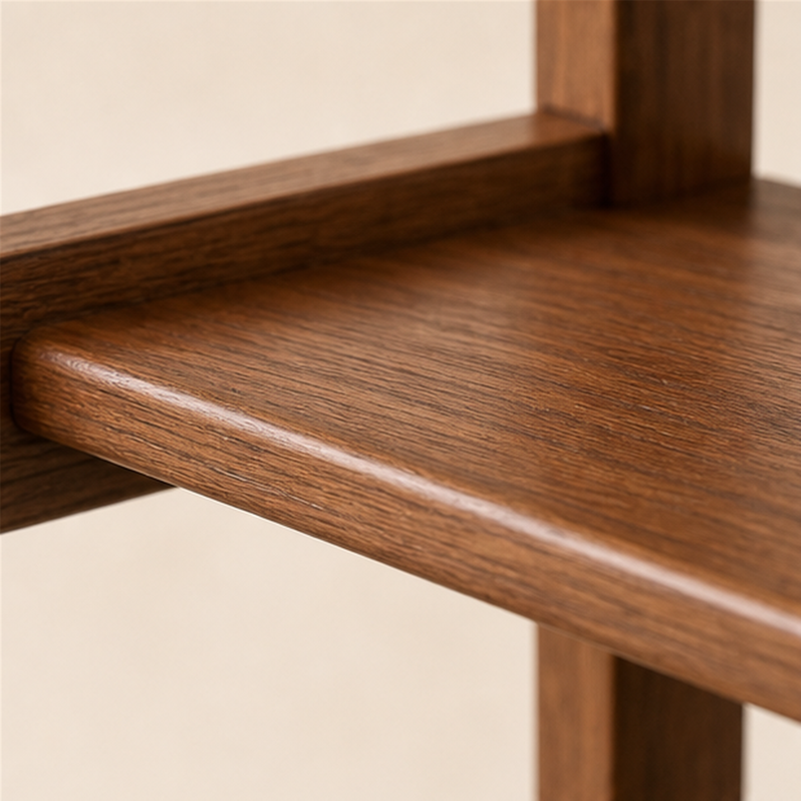 Close view of the raised solid pine shelf rail and natural wood grain