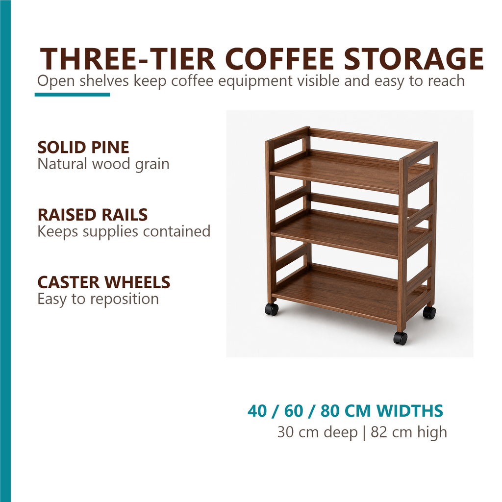 Three-tier solid pine rolling coffee cart features including open shelves raised rails and caster wheels