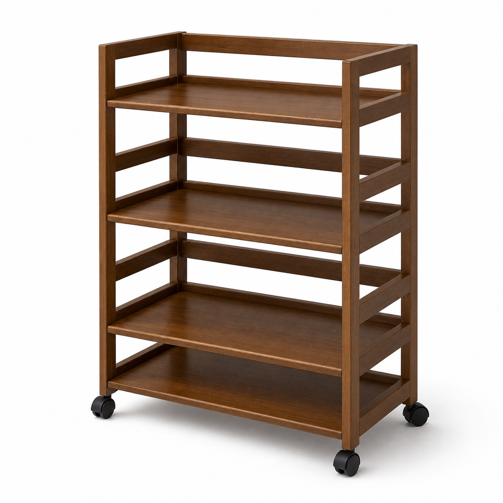 Four-tier tall solid pine rolling coffee storage rack in walnut brown on a pure white background