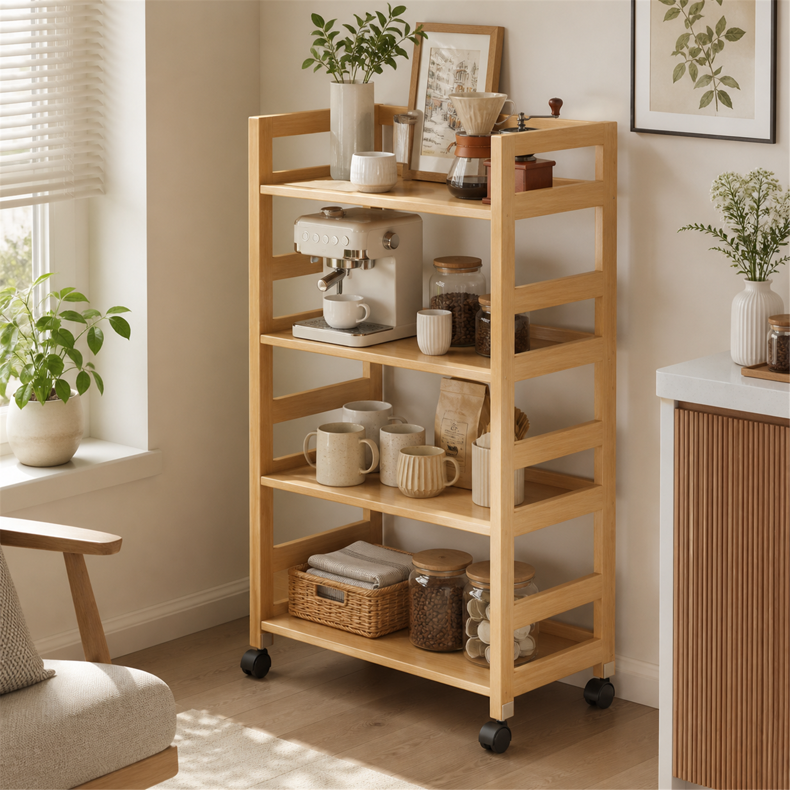 60 cm natural clear four-tier solid pine rolling coffee rack in a bright home coffee corner