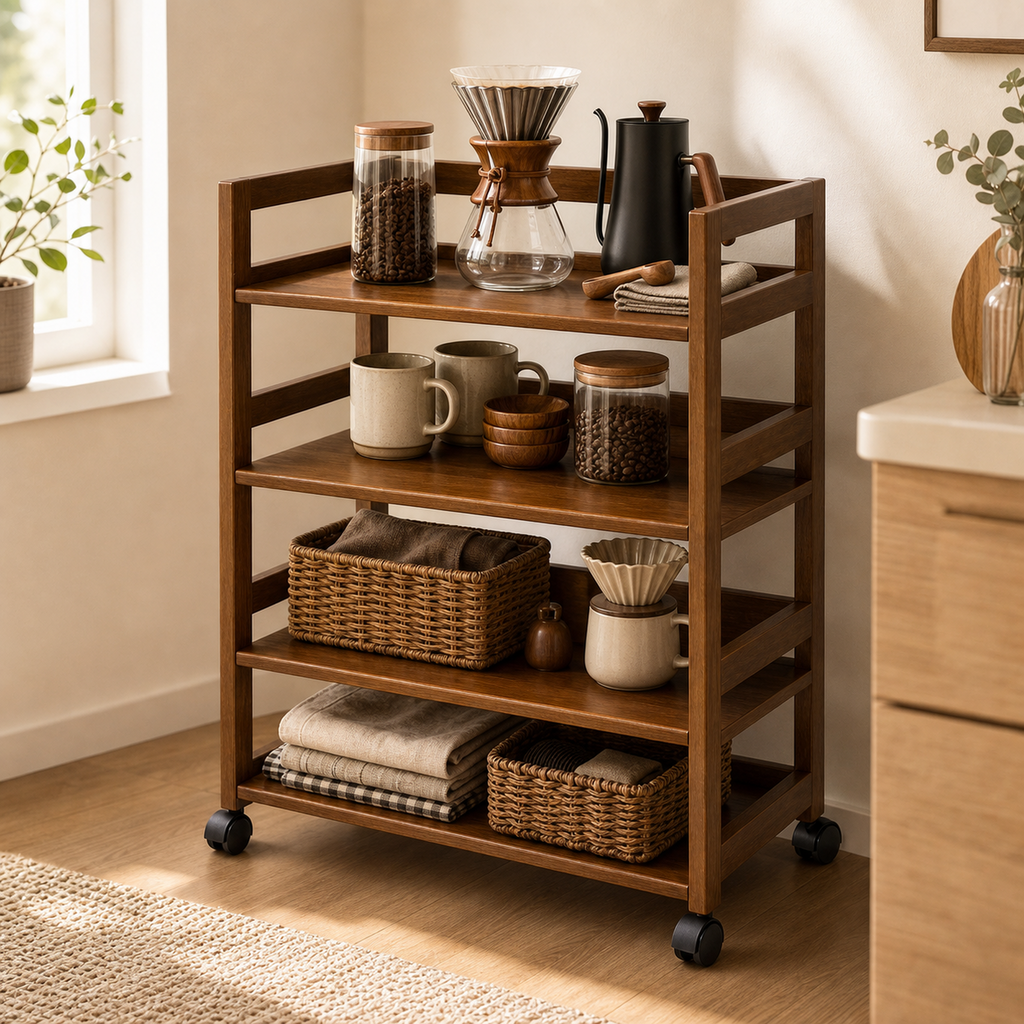 80 cm walnut brown four-tier solid pine rolling coffee rack styled with pour-over accessories