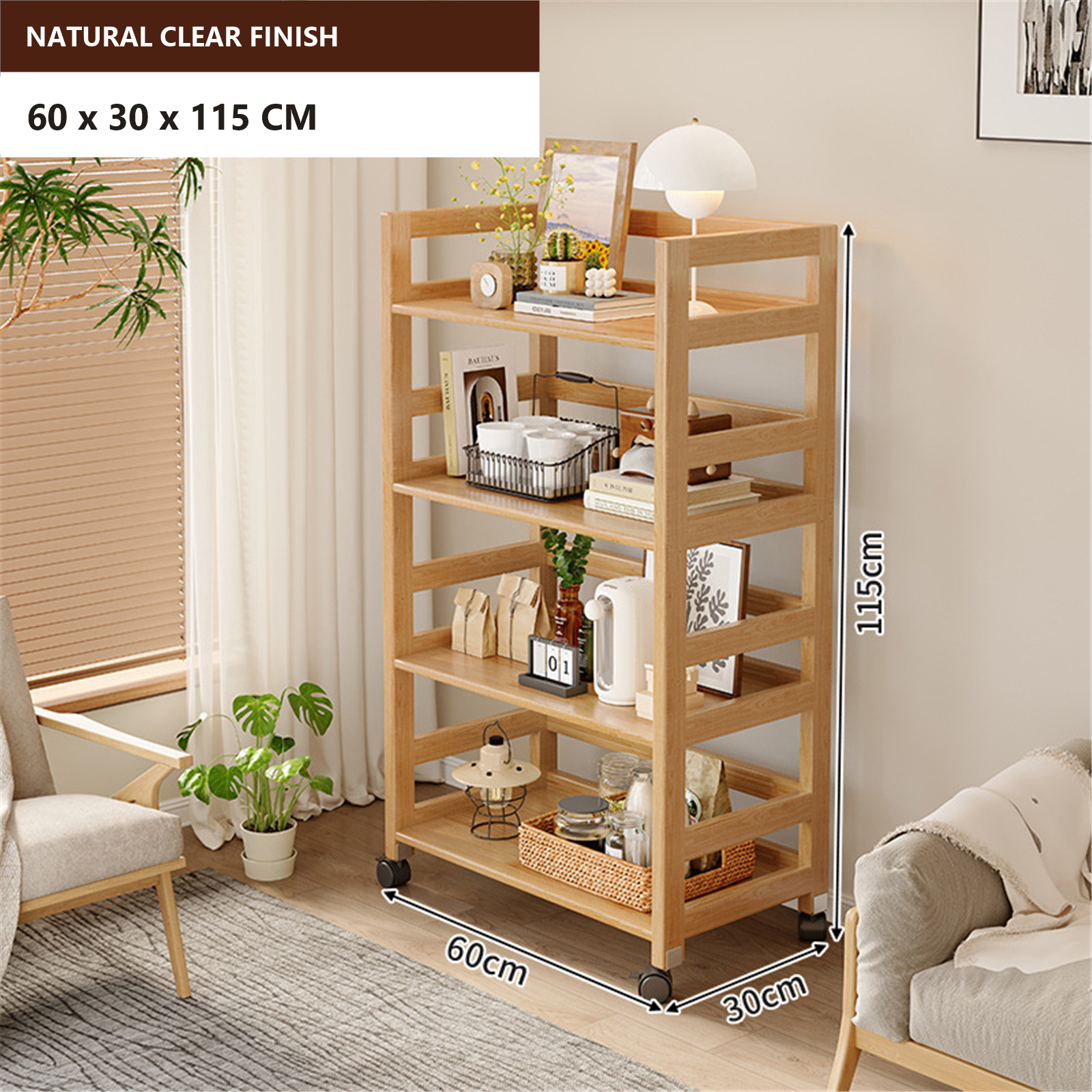 60 × 30 × 115 cm natural clear four-tier solid pine rolling coffee rack dimensions