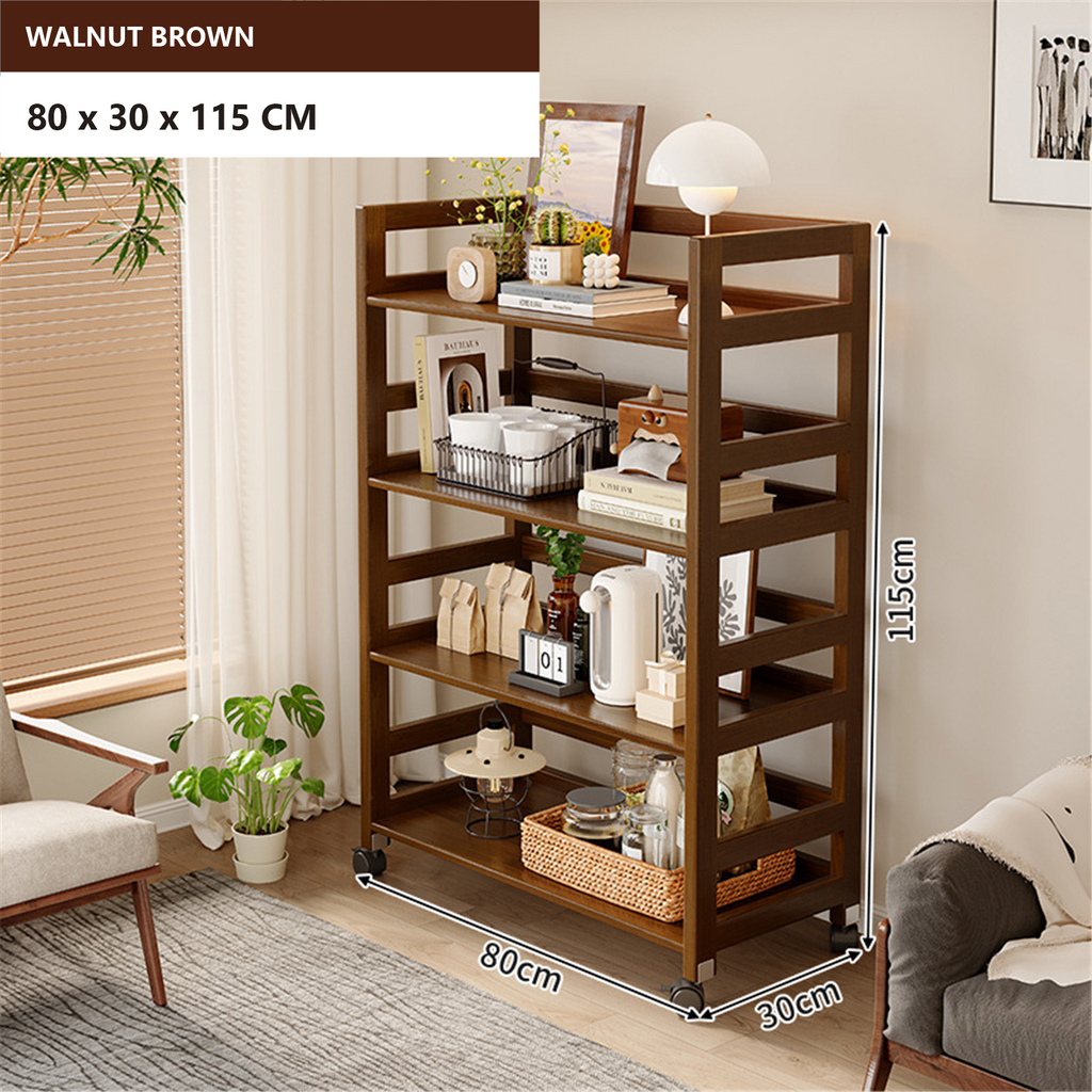 80 × 30 × 115 cm walnut brown four-tier solid pine rolling coffee rack dimensions