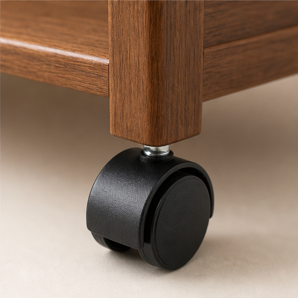 Close view of a caster wheel on the four-tier solid pine rolling coffee rack