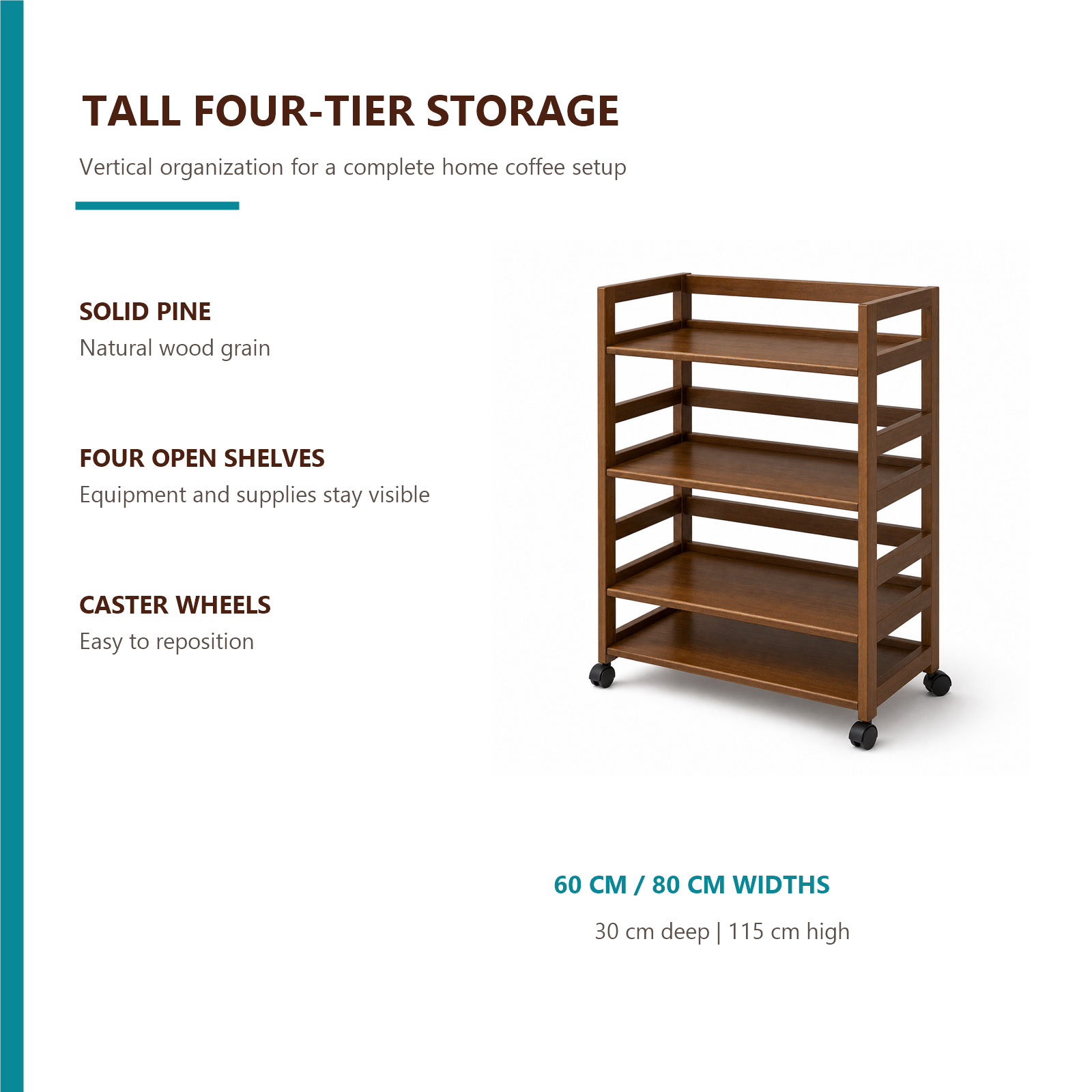 Four-tier solid pine rolling coffee rack features including open shelves and caster wheels