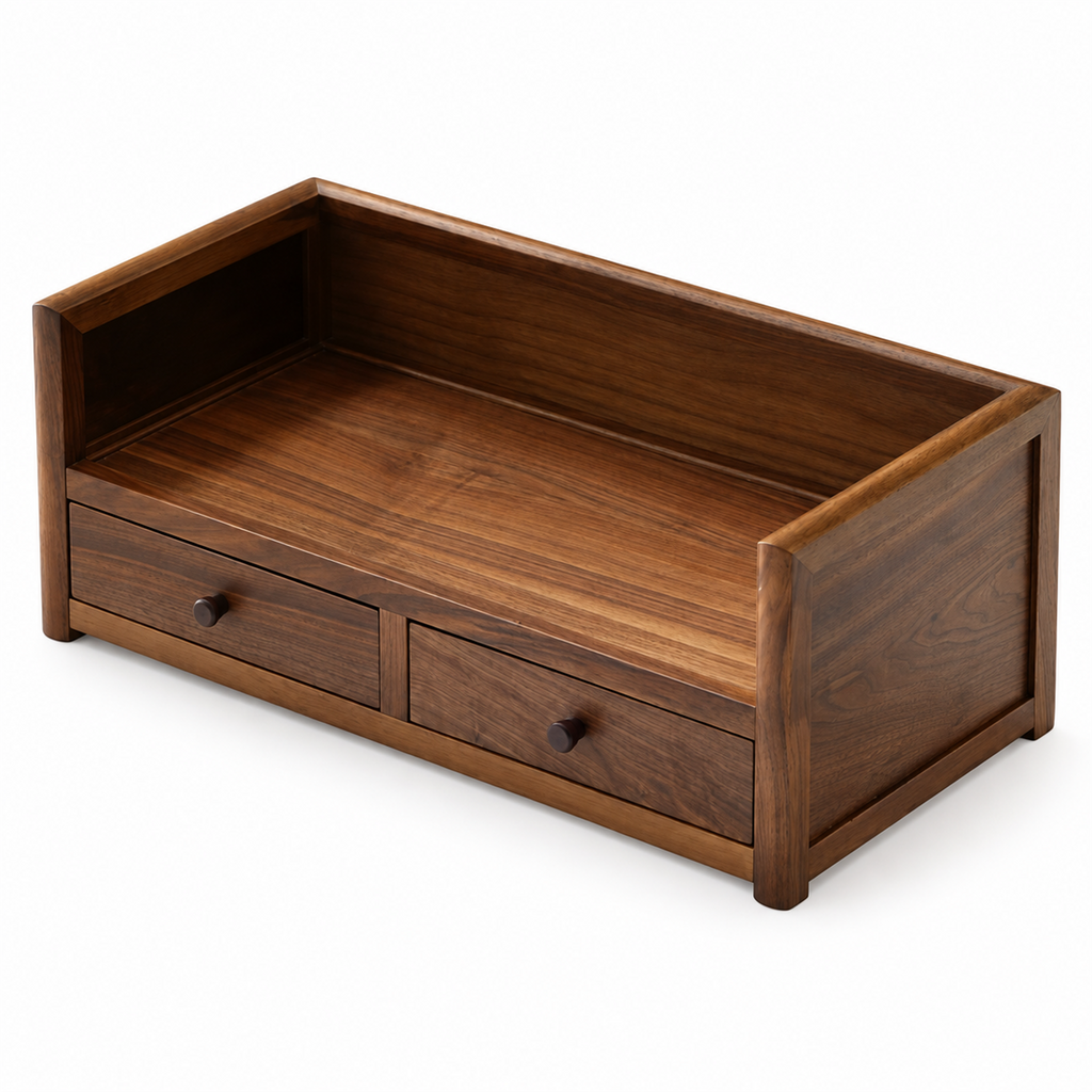 Solid walnut coffee display shelf with two drawers on a white background
