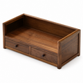 Solid walnut coffee display shelf with two drawers on a white background