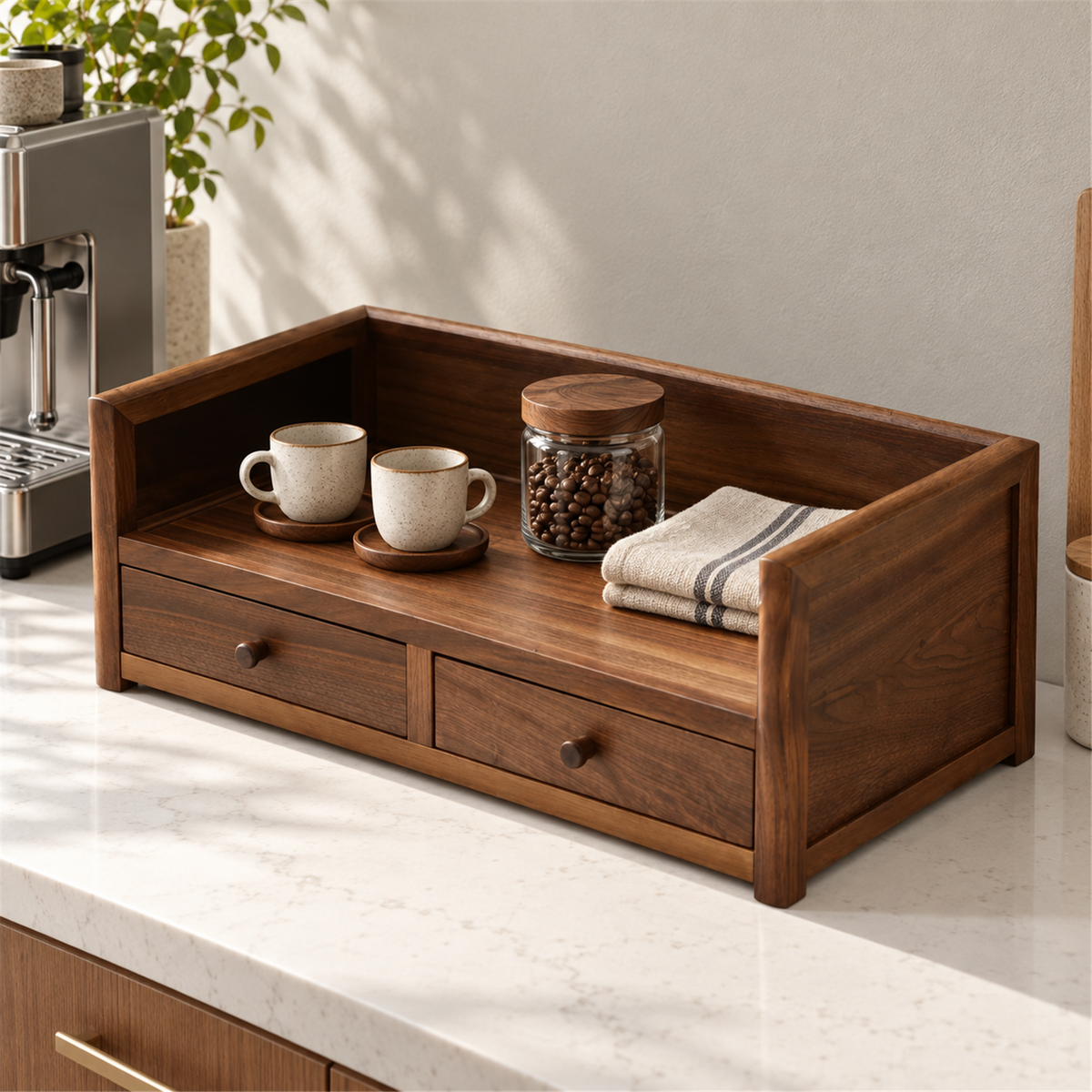 Walnut two-drawer display shelf organizing cups and a coffee bean jar on a kitchen counter