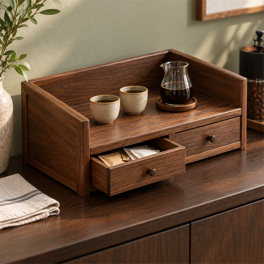 Left-angle view of the walnut shelf with one drawer open on a coffee sideboard