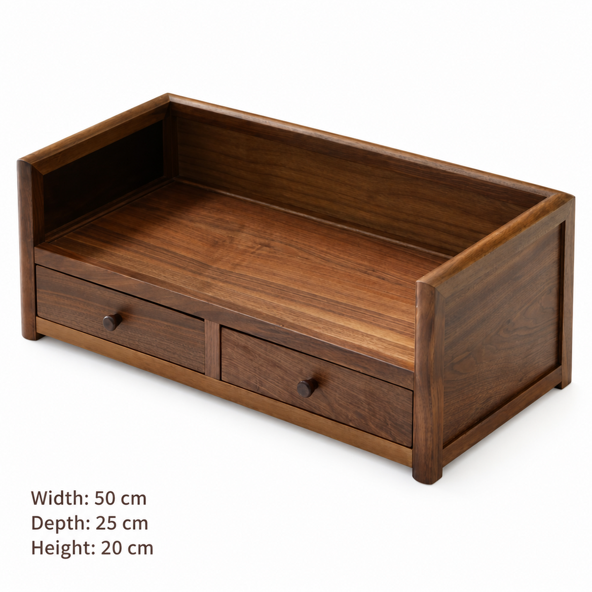 Two-drawer shelf dimensions: width 50 cm, depth 25 cm, height 20 cm