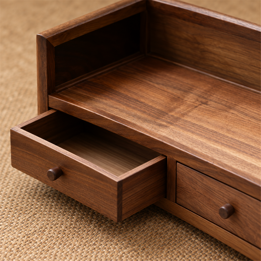 Close-up of the walnut drawer interior and round wooden knob
