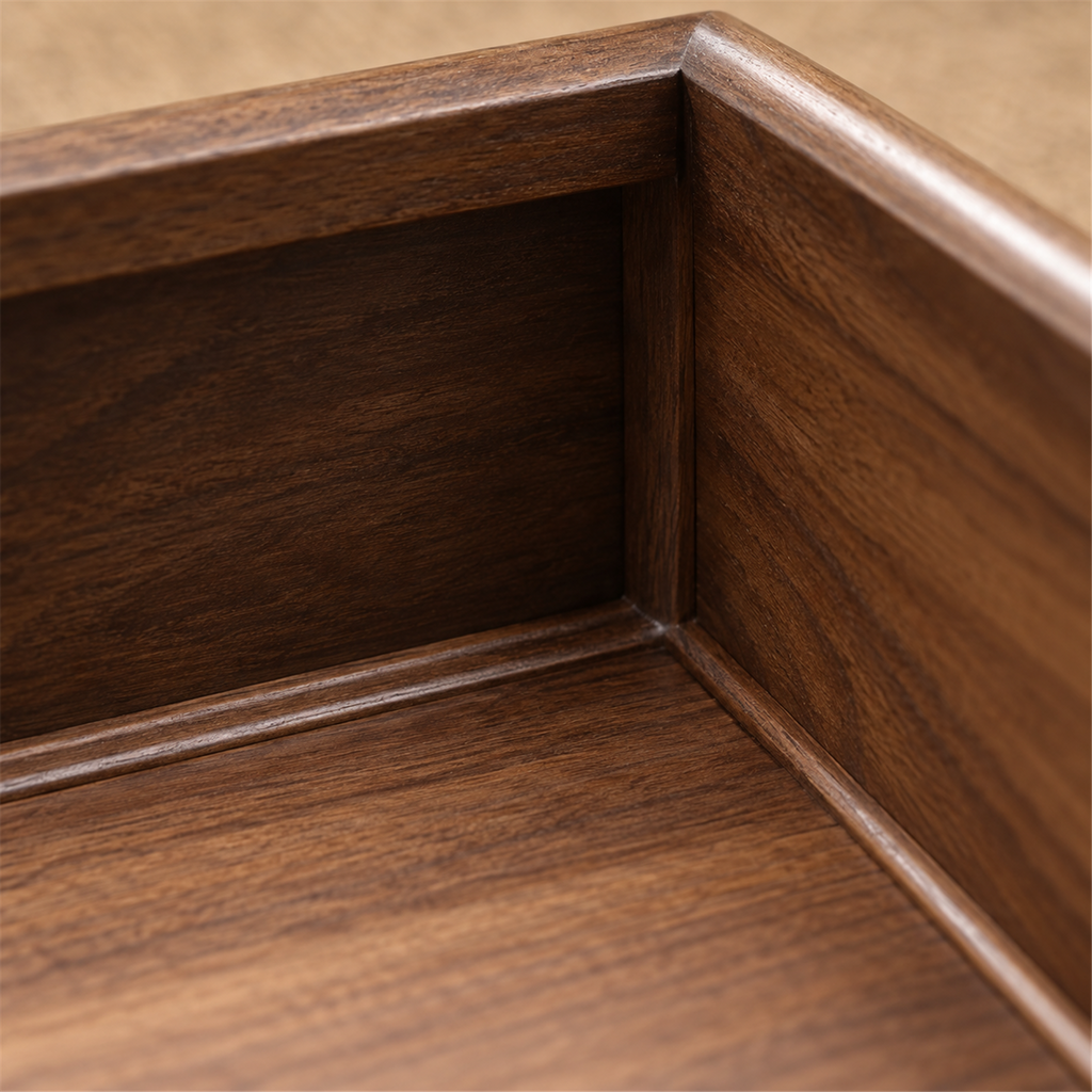 Close-up of natural walnut grain on the raised back and side of the display platform
