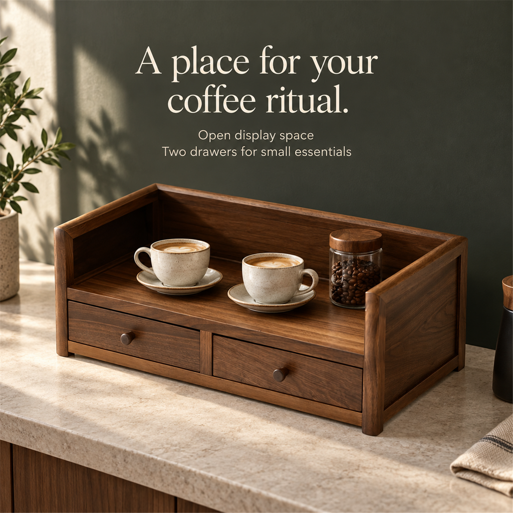Walnut coffee display shelf with open display space and two drawers for small essentials