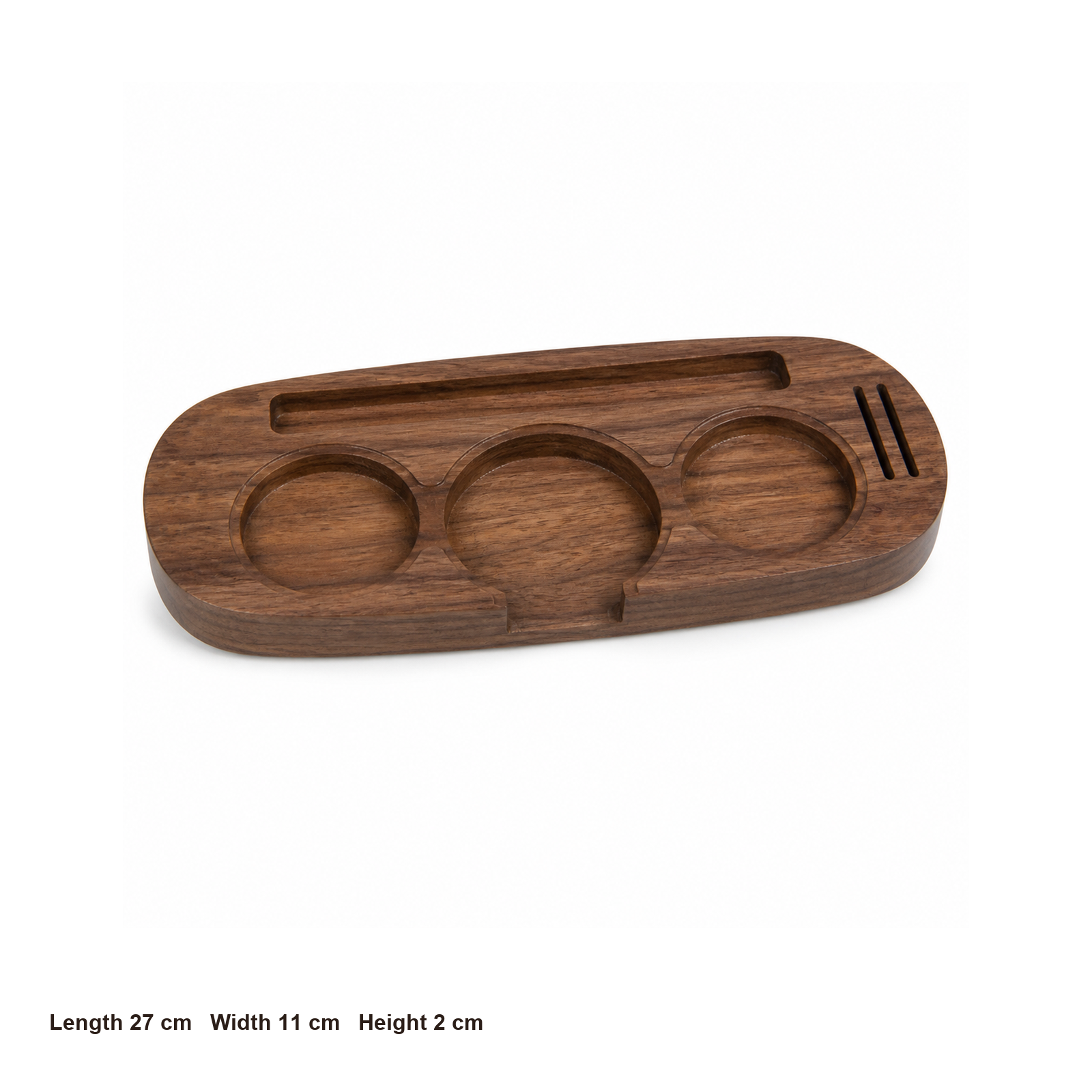 Solid walnut three-tool espresso organizer dimensions: 27 by 11 by 2 centimeters