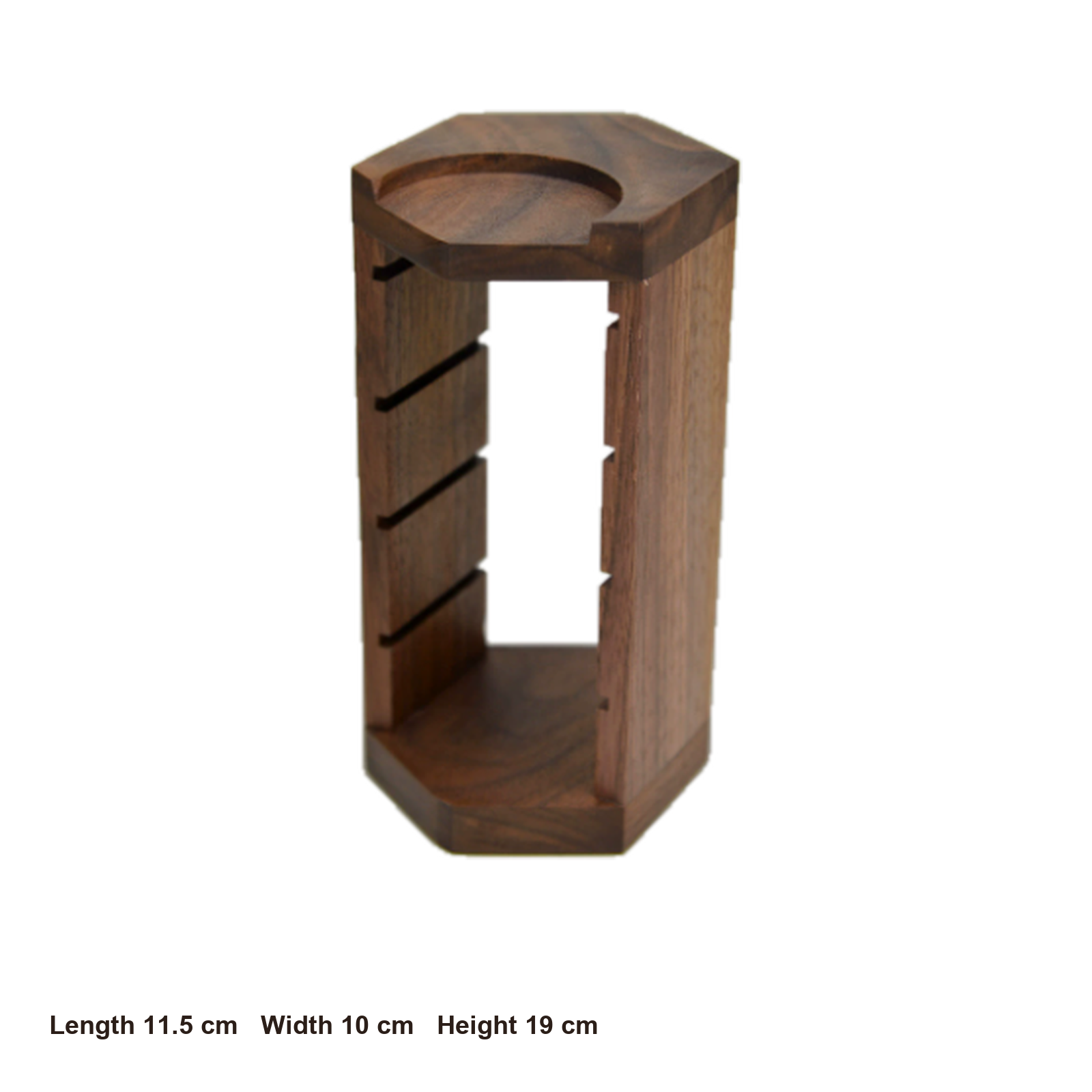 Solid walnut 58 mm espresso basket organizer dimensions: 11.5 by 10 by 19 centimeters