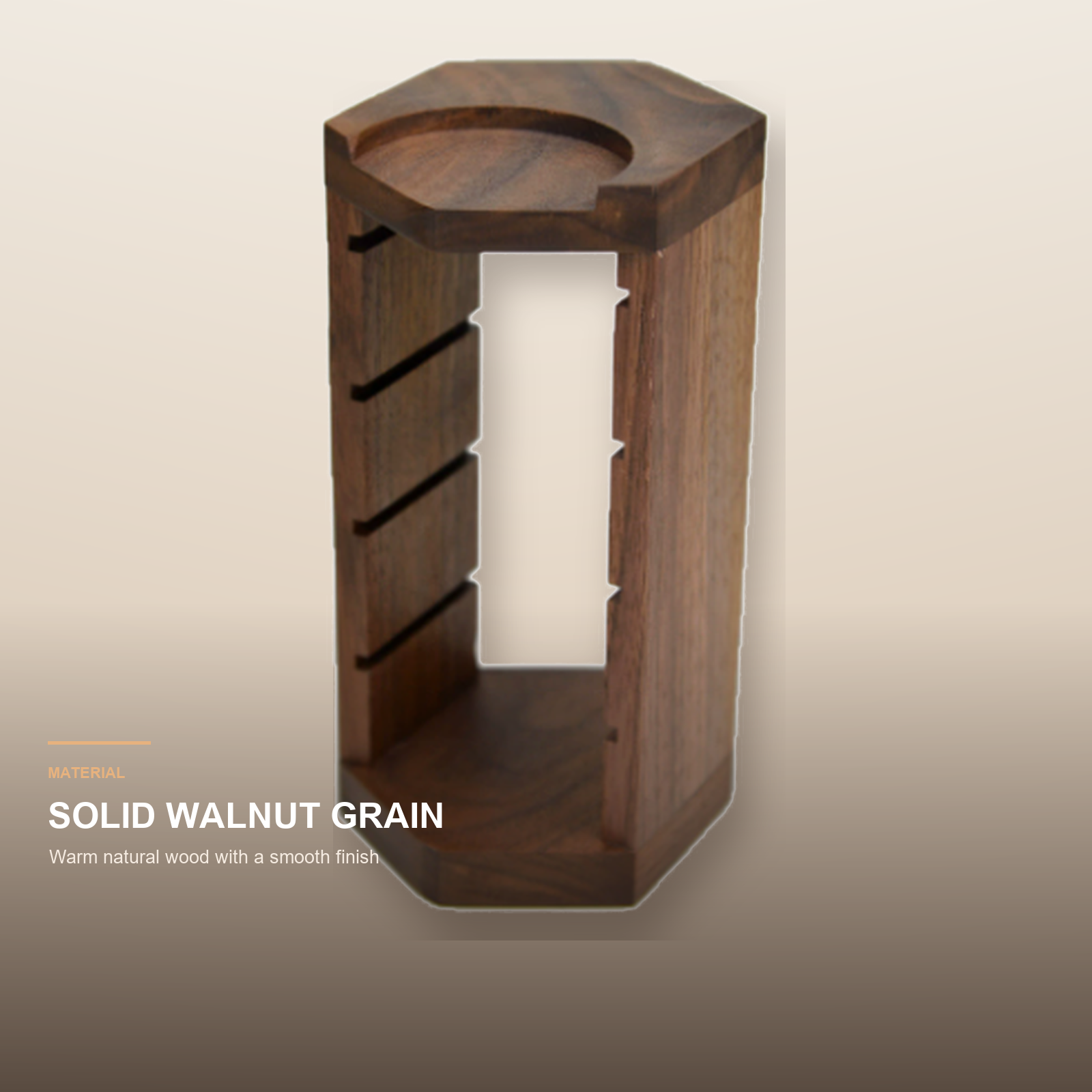 Solid walnut grain detail on espresso basket organizer