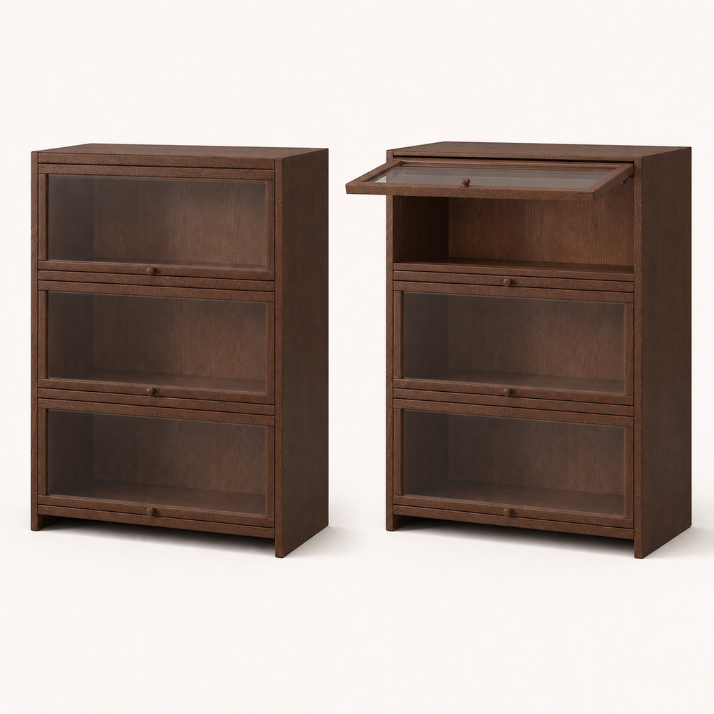 Transparent upward-flipping cabinet door shown closed and open