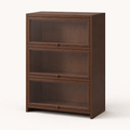 Three-tier solid pine coffee storage cabinet with clear flip-up doors on a white background