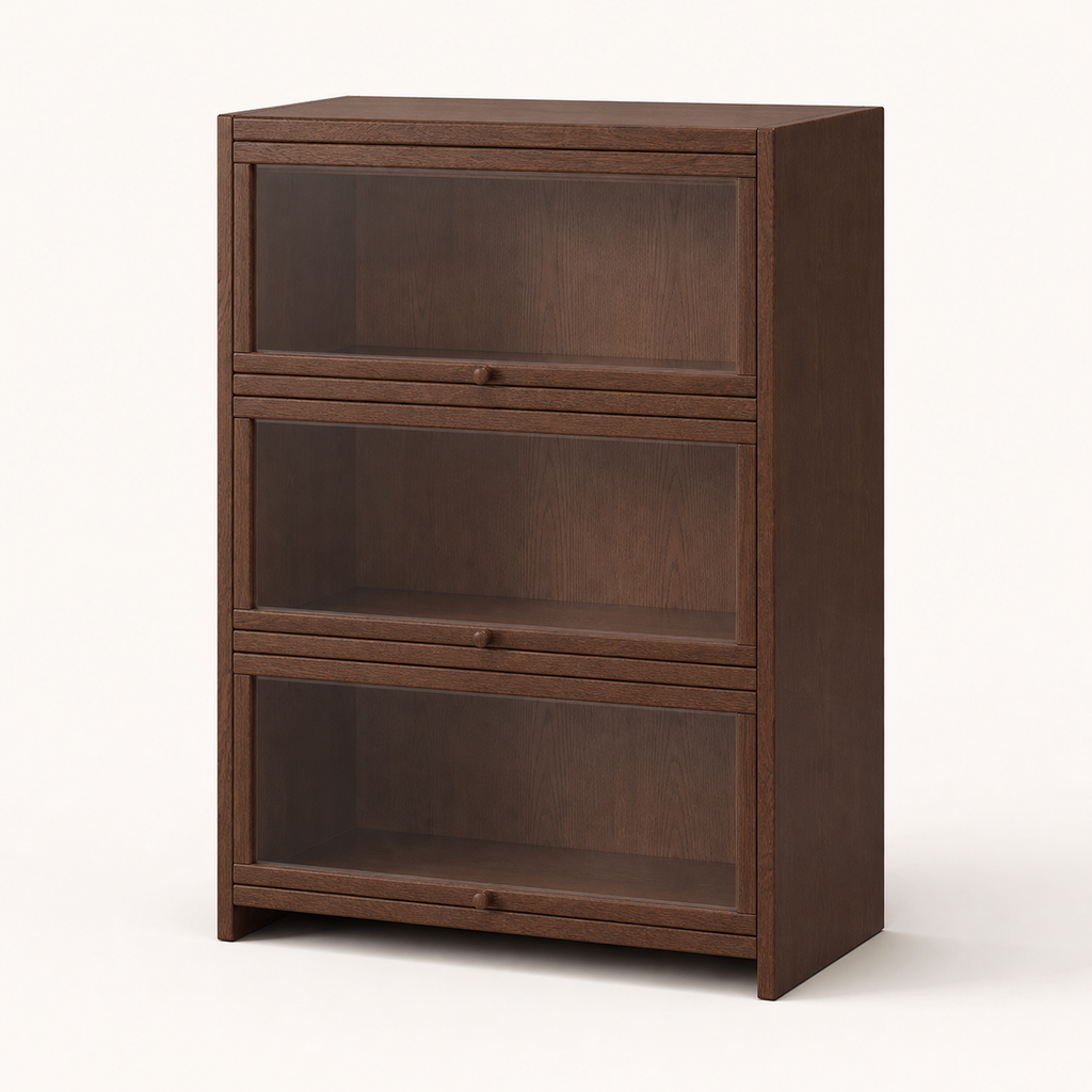 Three-tier dark walnut solid pine coffee storage cabinet with transparent flip-up doors