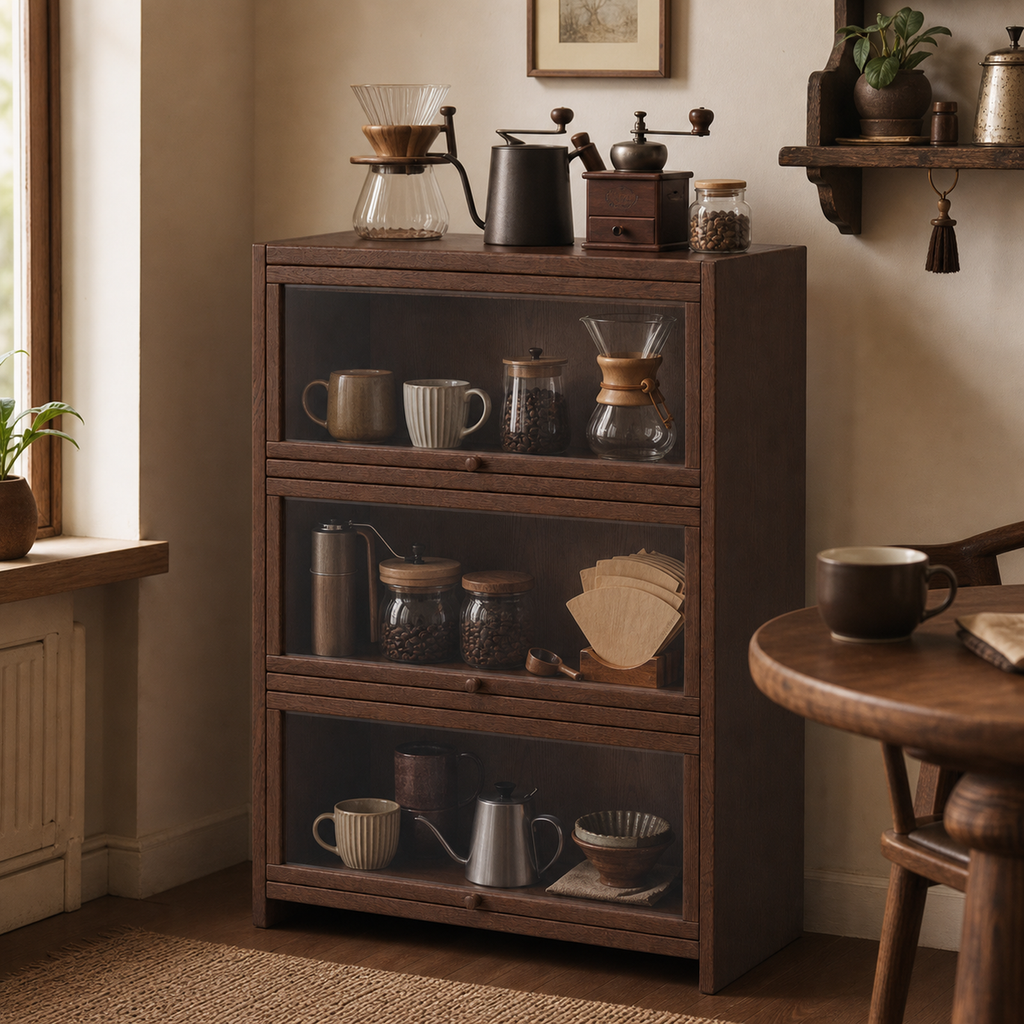 Three-tier flip-door cabinet styled with coffee brewing accessories