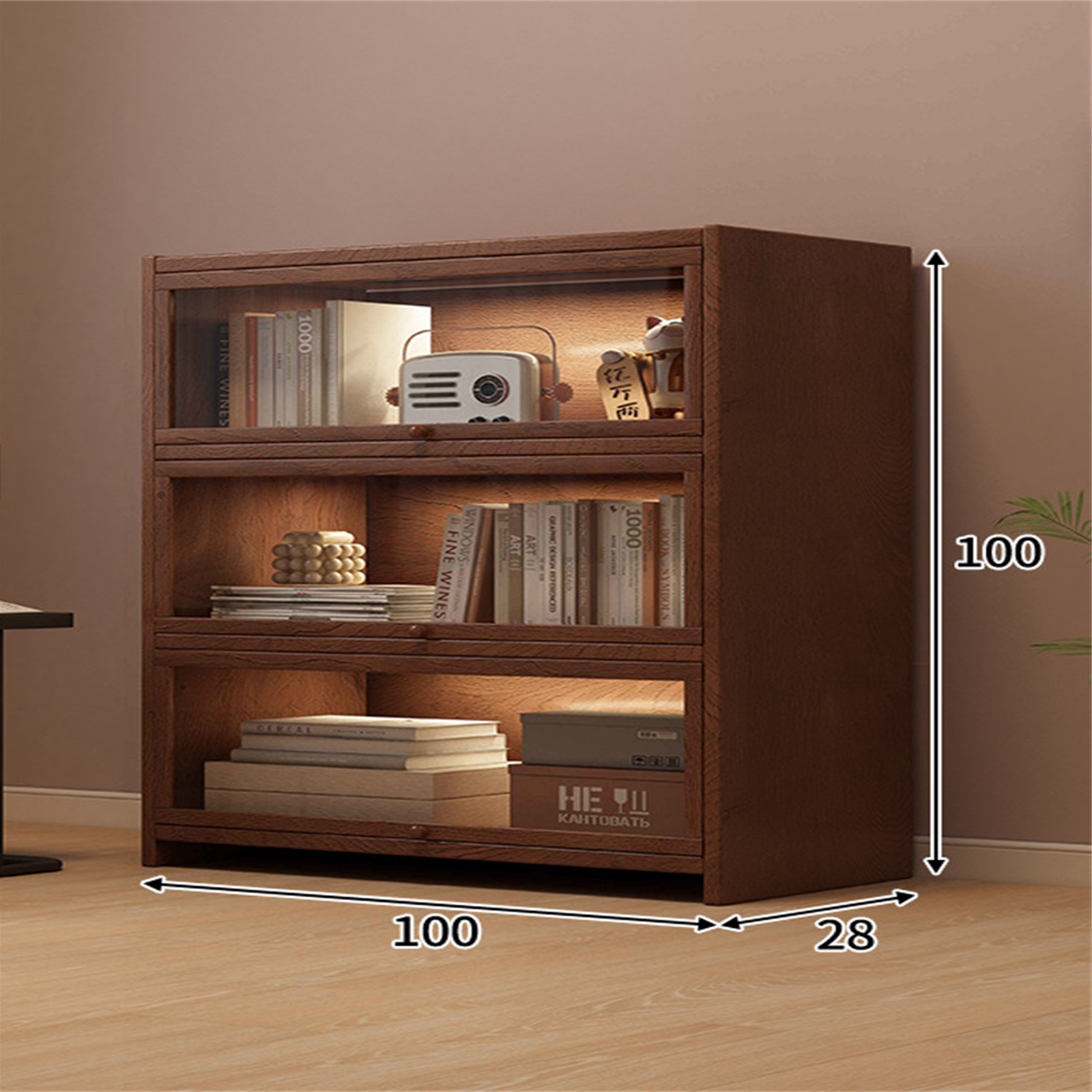100 cm three-tier solid pine coffee storage cabinet in a warm interior