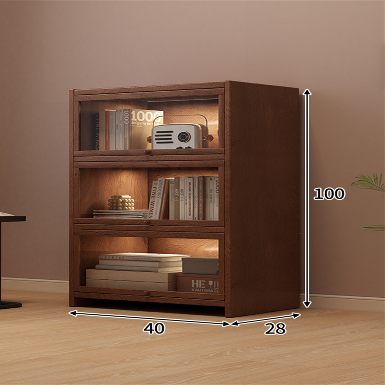 40 cm three-tier solid pine coffee storage cabinet in a warm interior