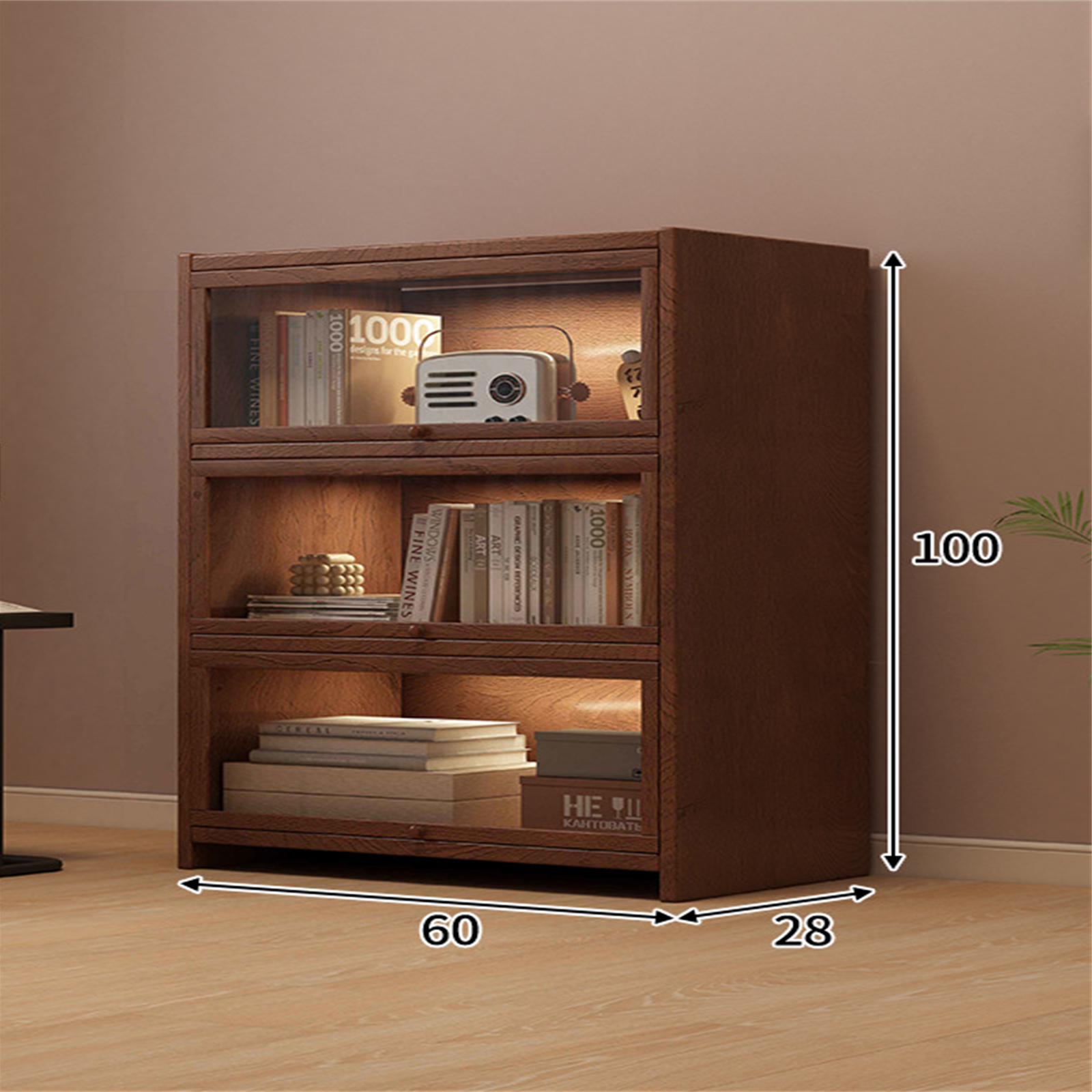 60 cm three-tier solid pine coffee storage cabinet in a warm interior