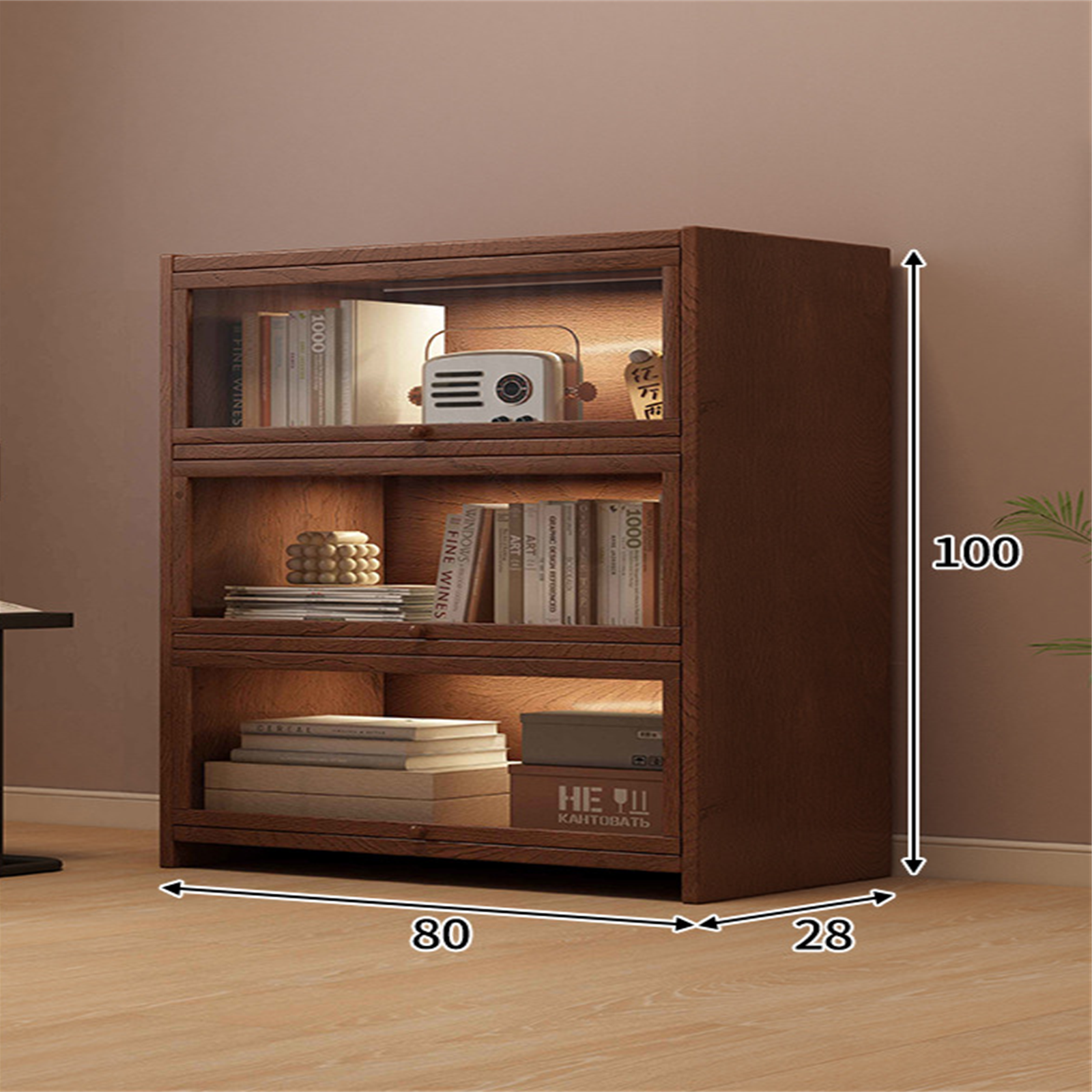 80 cm three-tier solid pine coffee storage cabinet in a warm interior