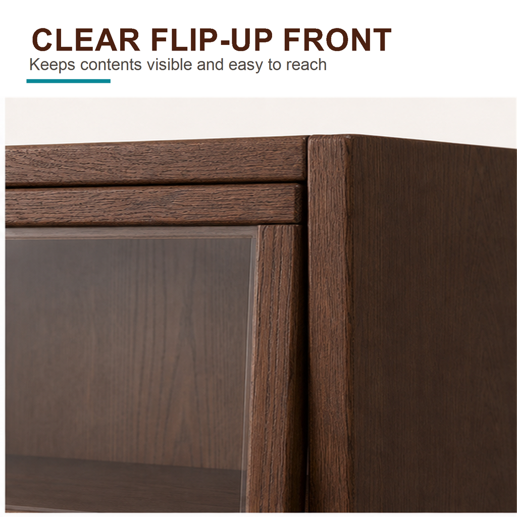 Close-up of the clear flip-up door and dark walnut pine cabinet frame